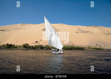 Vela su una feluca, Nilo, Nilo e barca, feluca di fronte al deserto, vela e deserto, vita fluviale, Egitto, Assuan, viaggi Foto Stock