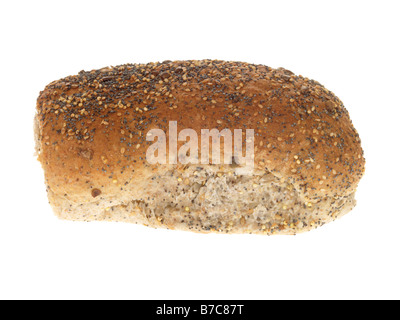 Pane appena sfornato Brown seminate lotto focaccia contro uno sfondo bianco con nessun popolo e un tracciato di ritaglio Foto Stock