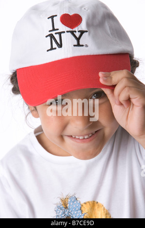 Ragazza con un amo New York cap Foto Stock