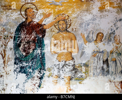 Affresco raffigurante il battesimo di Cristo di Giovanni Battista Patmos monastero di St Johns Chora Patmos Grecia Foto Stock