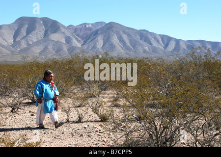 Sciamano della Huicholes in cerca di peyote nel deserto di Real de Catorce, Messico, San Luis Potosi, Real de Catorce Foto Stock