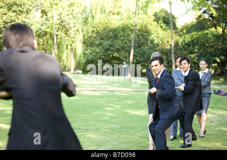 Sei persone di affari tirando una fune sul prato Foto Stock