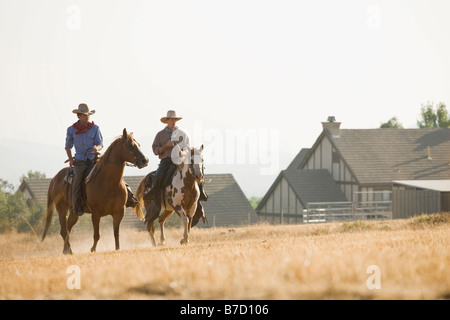 Due cowboy a cavallo attraverso un campo Foto Stock