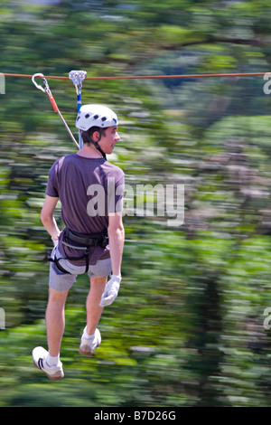 Giovane uomo su un zipline Foto Stock