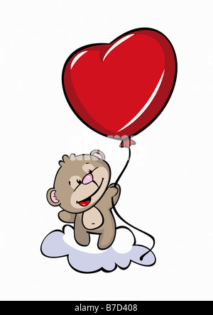 Un cartoon recare sulla nuvola e tenendo un palloncino cuore Foto Stock