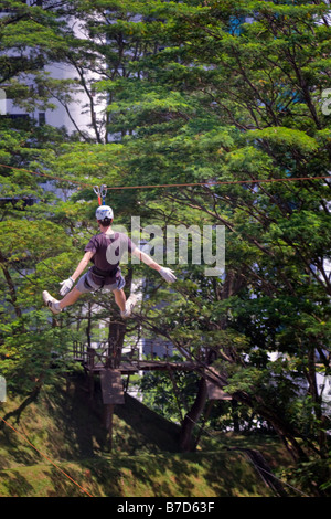 Giovane uomo su un zipline Foto Stock