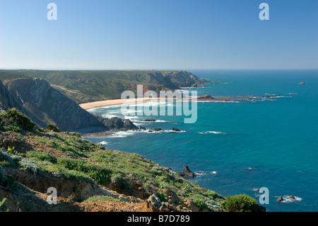 Costa Vicentina, guardando verso Capo St Vincent La Praia Da Barriga Foto Stock