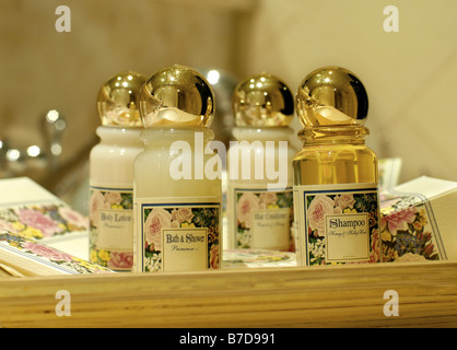 Shampoo e additivo per bagno in un bagno di hotel Foto Stock