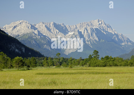 Bassa-moor bog vicino Oberau; sullo sfondo la montagna Wetterstein gamma con il massiccio dello Zugspitze, in Germania, in Baviera Foto Stock