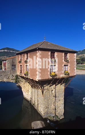 Antico mulino ad acqua o mulino ad acqua (C15TH) e Bridge House sul fiume Tarn, Millau, Aveyron Département, Francia Foto Stock