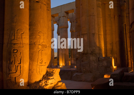 Campi illuminati da colonne rivestite con geroglifici all interno del Tempio di Luxor al tramonto Luxor Egitto Medio Oriente Foto Stock
