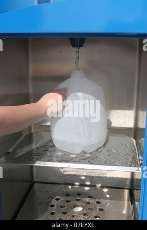 Un primo piano di una ragazza s ricarica a mano una brocca di acqua in preparazione per un uragano potrebbe anche essere usato per il riciclaggio Foto Stock