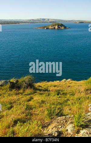 Incontro Bay e Wright isola vista dal promontorio di Victor Harbor, Sud Australia Foto Stock