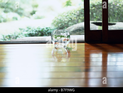 Goldfish Bowl sul pavimento in legno Foto Stock