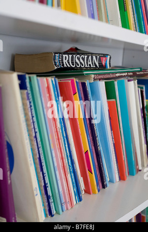 Linea di libri scolastici e i materiali di studio sul ripiano con un dizionario Russo sulla sommità della pila Foto Stock