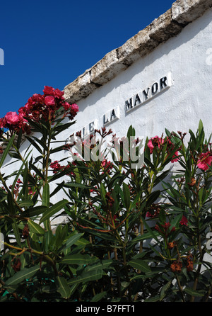 Un dipinto di bianco tradizionale tetto in pietra e la costruzione di una strada di Lanzarote nella città di Costa Teguise Foto Stock