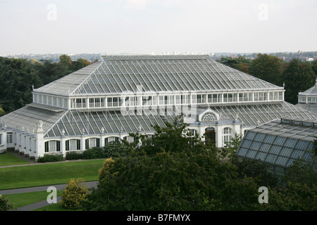 La casa temperata dalla Rhizotron e Xstrata Treetop passerella arboree, Royal Botanical Gardens di Kew, Londra, Surrey, Regno Unito Foto Stock