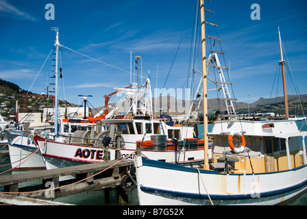 Commerciale barche da pesca, Lyttelton Harbour, Lyttelton, Penisola di Banks, Canterbury, Nuova Zelanda Foto Stock