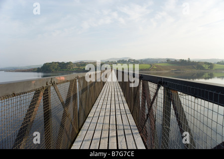 Piedi ponte Llyn Trawsfynydd dal villaggio di Trawsfynydd, il Galles del Nord Foto Stock