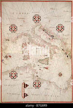Portolan atlas del Mare Mediterraneo, Europa occidentale e la costa nord-occidentale dell'Africa - Mediterraneo centrale Foto Stock