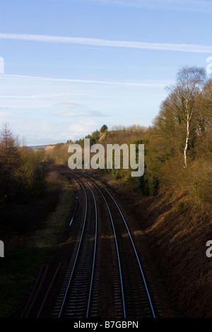 La curvatura della linea ferroviaria attraverso gli alberi Northumberland Foto Stock