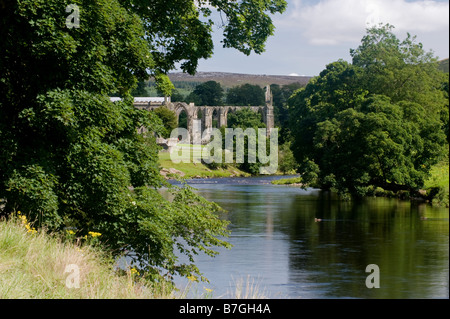 Fiume Wharfe scorre dolcemente passato Bolton Abbey Foto Stock