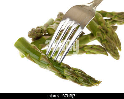 Heathy freschi cotti gara asparagi di lusso le verdure su una forcella isolata contro uno sfondo bianco con nessun popolo e un tracciato di ritaglio Foto Stock