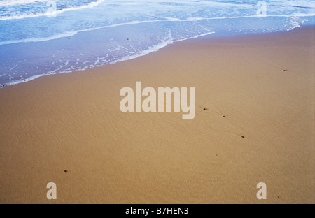 Dettaglio di increspatura dolce sciabordare di onde su pulire deserta spiaggia sabbiosa Foto Stock