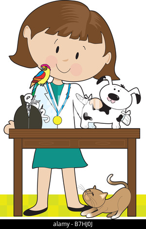 Donna veterinario tendente ad un cane un pappagallo si siede sulla sua spalla e un gatto è sotto il tavolo Foto Stock