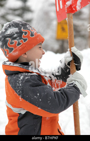 Adorabili cinque anno vecchio ragazzo spalare la neve Foto Stock