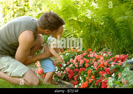 Papà & baby guardando/profumati fiori, Regina, Saskatchewan Foto Stock