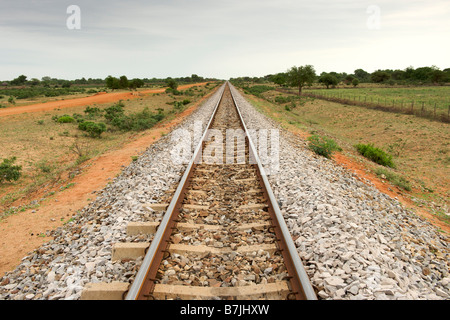 Vista lungo la linea ferroviaria in esecuzione da Maputo a Zimbabwe nella provincia mozambicana di Gaza. Foto Stock
