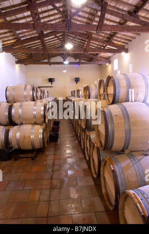 Invecchiamento in botte cantina chateau guiraud sauternes bordeaux francia Foto Stock