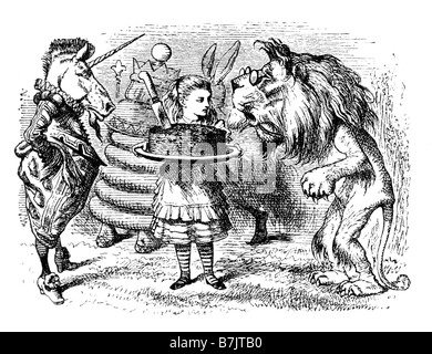 Il leone l'unicorno e la torta di prugne. Alice attraverso l'illustrazione di vetro di Sir John Tenniel dal 1820 al 1914 Foto Stock