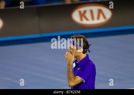Giocatore di tennis Roger Federer, Svizzera presso l'Australian Open su gennaio 19, 2009 a Melbourne in Australia. Foto Stock