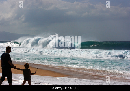 Due spettatori a guardare una perfetta grande onda vuota barreling. Banzai Pipeline Beach. North Shore Oahu. Hawaii USA Foto Stock