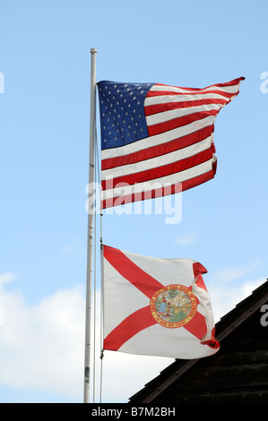 Stars & Stripes battenti accanto alla grande sigillo Stato di bandiera Florida USA Foto Stock