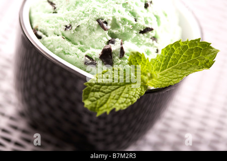 Un cucchiaio di menta al cioccolato gelato in una vaschetta di colore nero con una foglia di menta Foto Stock