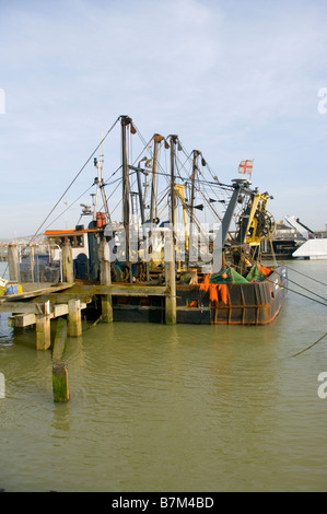 Due commerciali di pesca i pescherecci con reti da traino di barche ormeggiate al West Quay Newhaven East Sussex Fleet Regno Unito Foto Stock