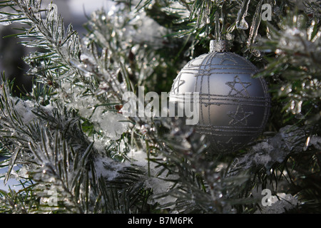 Albero di Natale con una palla d'argento decora l'esterno in inverno splendido sfondo nessuno orizzontale negli Stati Uniti ad alta risoluzione Foto Stock