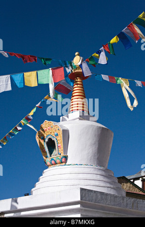 Bandiere di preghiera a Tengboche monastero buddista nel distretto di Solukhumbu nella zona di Sagarmatha del nord est del Nepal Foto Stock