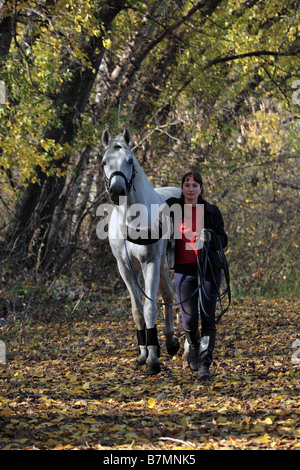 Giovane donna a piedi dal white Arabian Horse. Junge Frau mit Araber Vollblutpferd/ Maedchen und Pferde Araber ponendo Mensch modello Foto Stock