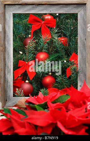 Vista frontale sull'albero di natale decorato in modo tradizionale da vicino, splendido sfondo e fiori rossi nessuno verticale negli Stati Uniti ad alta risoluzione Foto Stock