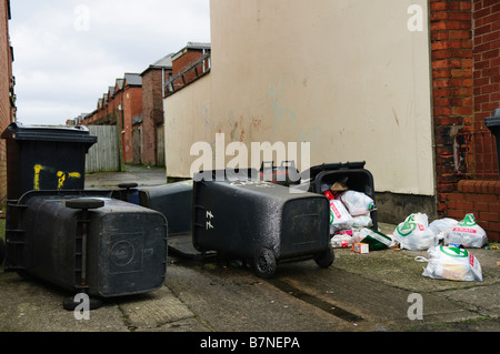 Rifiuti domestici vassoi/trash lattine giacciono rovesciato sulla strada con contenuti sparsi su marciapiede marciapiede//sentiero Foto Stock