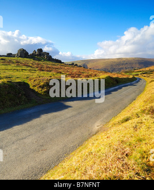 Una stretta via unica strada di campagna nei pressi di rocce Bonehill su Dartmoor Foto Stock