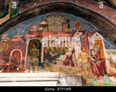 Affresco raffigurante persone che si rifugiano nel monastero di Patmos di St JohnsCommorates il luogo dove San Giovanni di Patmos ha composto il suo Vangelo e Apocalisse Foto Stock