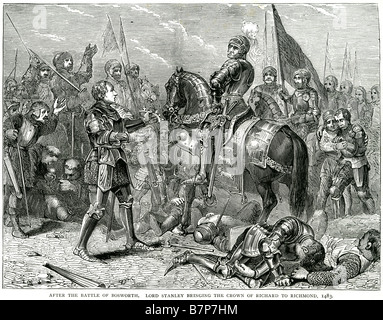 Battaglia di Bosworth signore Stanley portando la corona Richard Richmond 1483 Tudor Dinastia Lancastrian soldato combattente battaglia attacco bellico d Foto Stock
