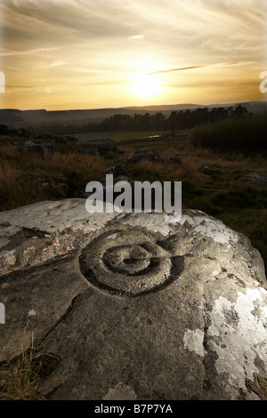 Coppa di epoca preistorica e anello segna l arte rupestre scolpite sulla roccia a Brigantium Northumberland England Regno Unito Foto Stock