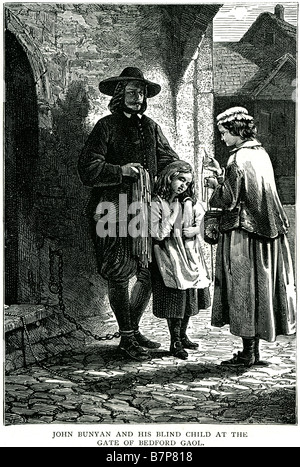 John Bunyan il suo bambino non vedente gate bedford carcere Pilgrim's Progress inglese Christian street incatenati prigioniero bambino madre uomo Foto Stock