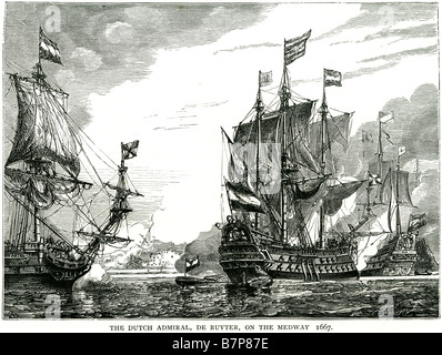 Ammiraglio olandese de Ruyter Medway 1667 Chatham più grande battaglia navale inglese le navi della flotta navale di acqua di mare Vela Vela seminare marine na Foto Stock